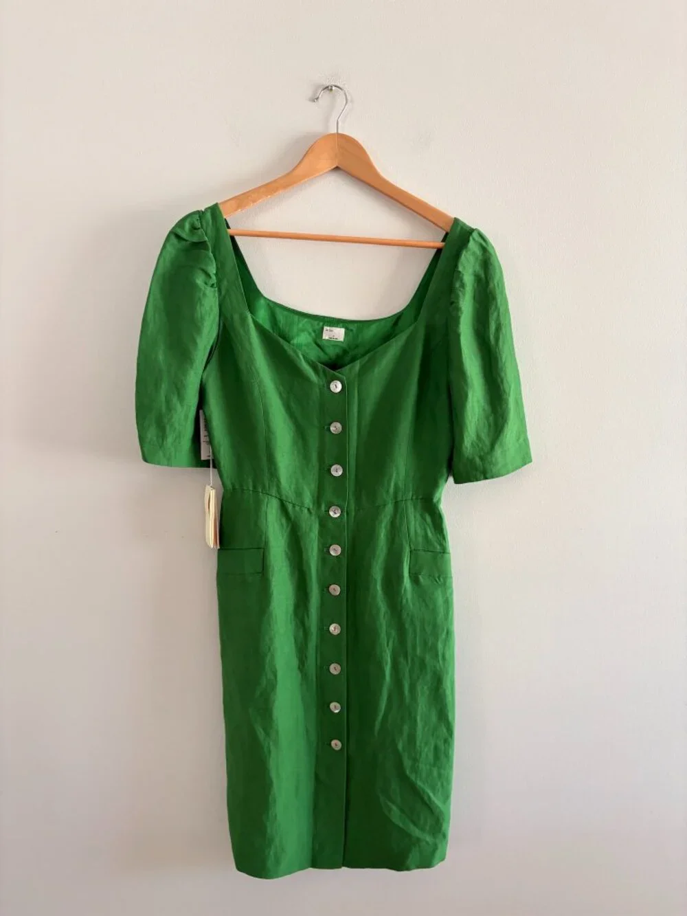 Aritzia Le Fou Wilfred Michalina Dress NWT Puff Sleeve Emerald Green Size 8 - Picture 4 of 10
